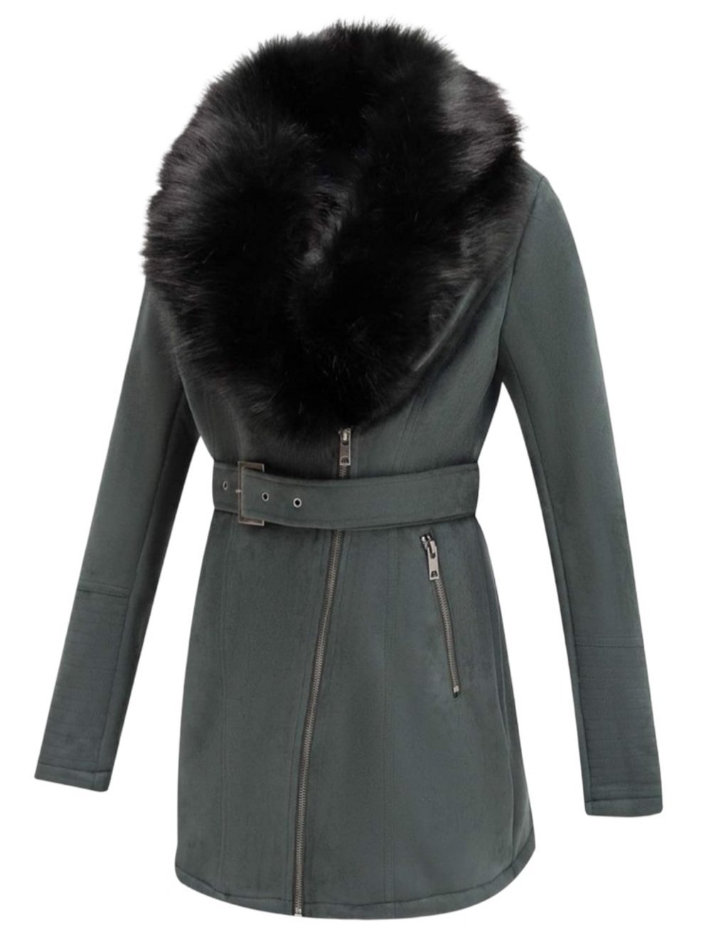 🌚▫️ Riviera Black Suede Trench Coat with Faux Fur Collar ▫️🌚 - Picture 2 of 6